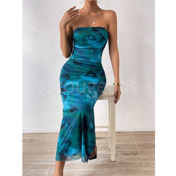 Blue Green Tie Dye Tube Strapless Mesh Maxi Dress Ruched Leg Slit - Picture 4 of 8